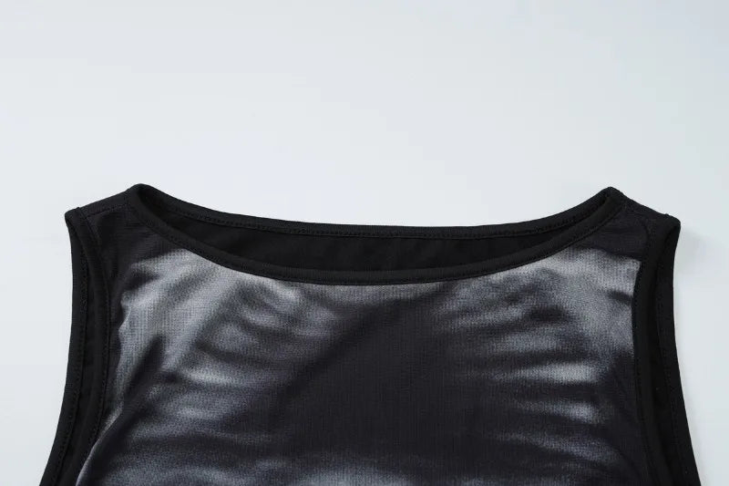 Alternative Skull Print Mesh Black Dress Gothic Clothes Woman Crew Neck Sleeveless Split Long Dresses