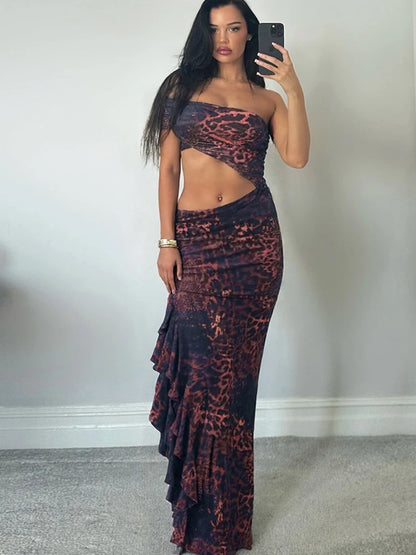 Leopard Print Dress Women Y2K Waistless One Shoulder Sleeveless Ruffles Sexy Beach Party Vacation Chic Club Vestidos