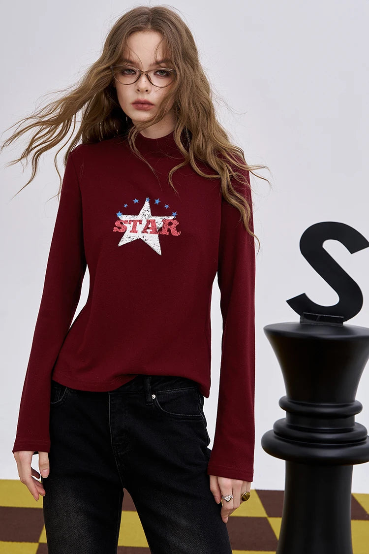 2025 Winter New Arrivals Y2K Slim Fit Half Neck Graphic Long Sleeve T-shirt For Woman