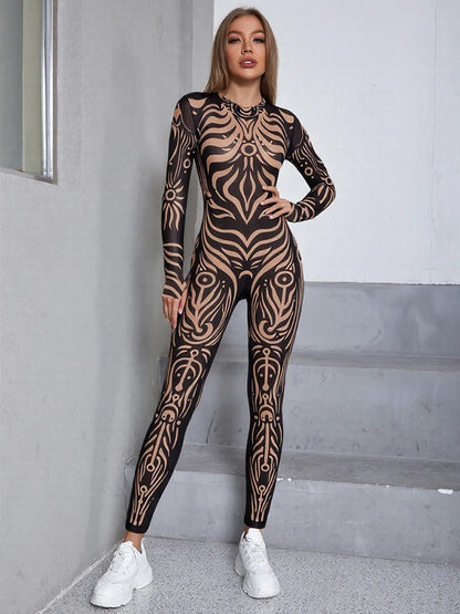Classic Jumpsuit Women See Through  High Neck Vintage Print Skinny Sexy Midnight Fashion Wild Street Outfits