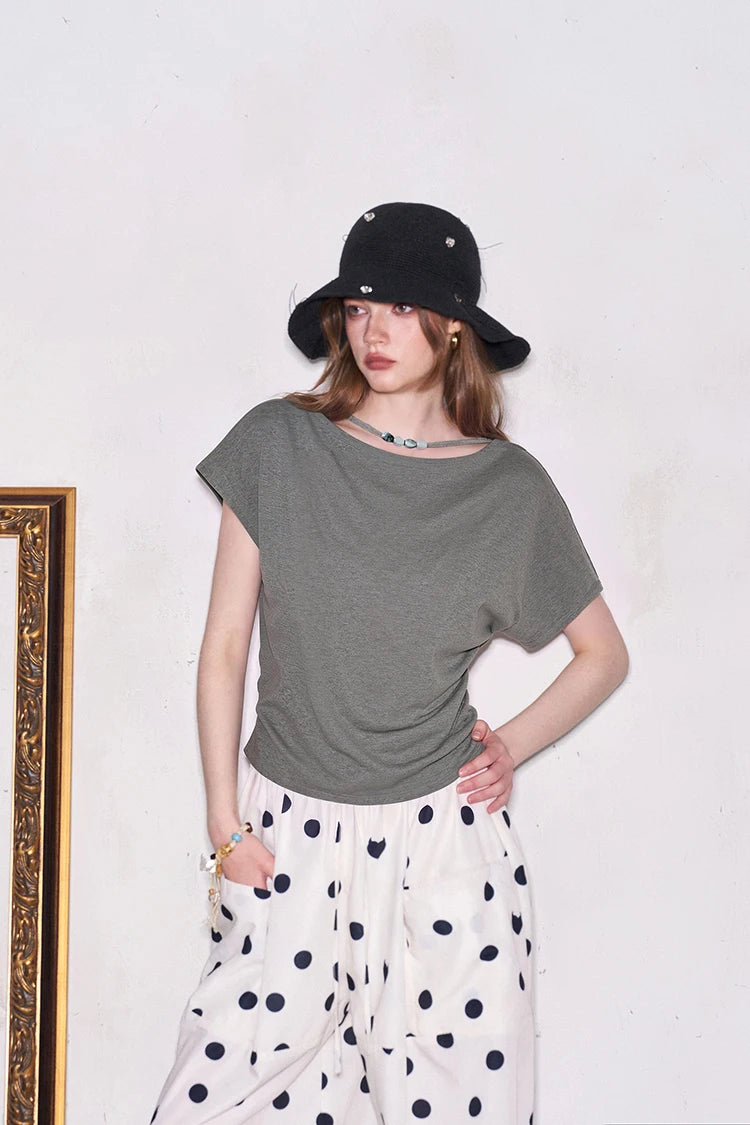 Cowl Neck Ruched T-shirt, Slim Fit Short Sleeve Tee, Casual Solid Color Summer Top for Women