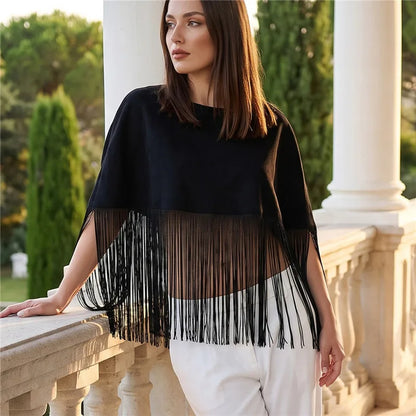 Women Fringe Cape Shawl Round Neck Short Poncho Tassel Hem Capelet Back Zipper Evening Party Cover Up Dressy Outerwear