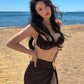 Beach Party 2-Piece Set Women Low-Neck Backless Bra+Metal Decoration High Side Slit Folds Skirt Sexy Summer Suit