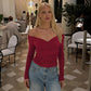 Burgundy Off Shoulder Long Sleeve Top with Wrap-style Neckline Fashion 2026 Fall Shirts Woman Clothing