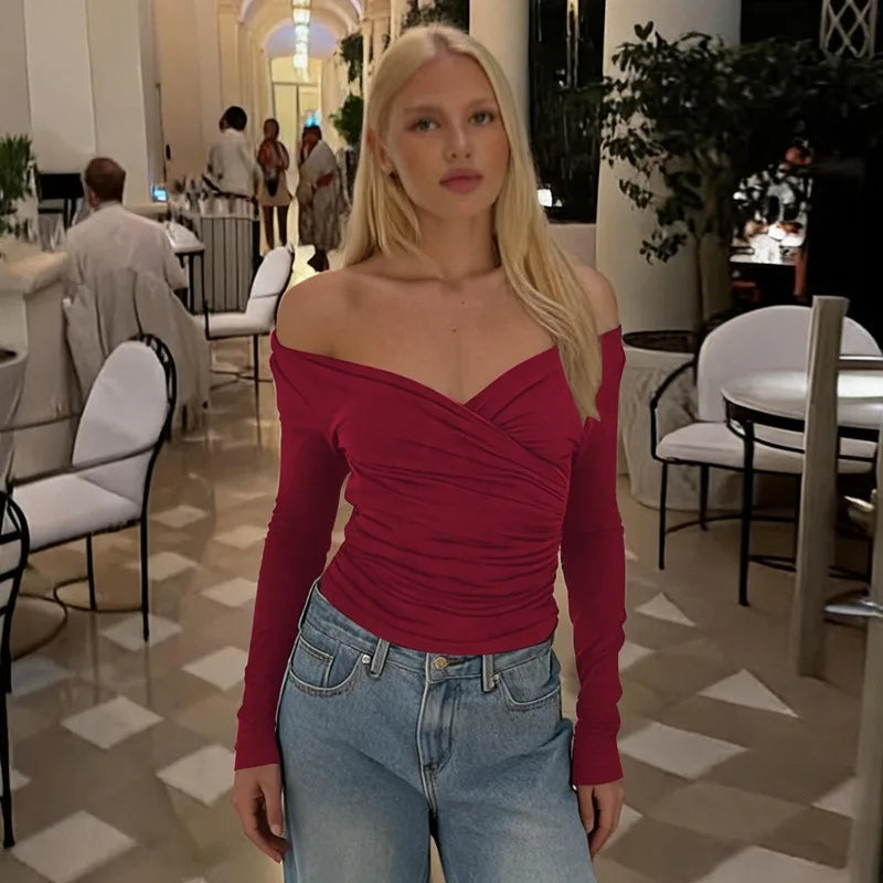 Burgundy Off Shoulder Long Sleeve Top with Wrap-style Neckline Fashion 2026 Fall Shirts Woman Clothing