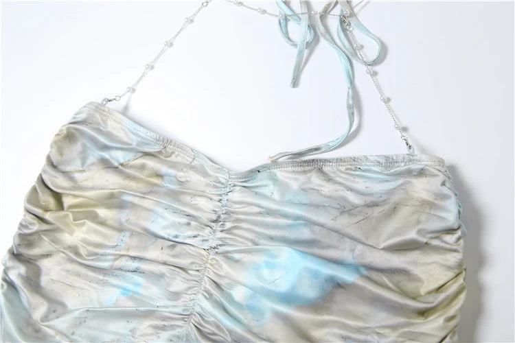 Gradient Chain Dress Women Halter Y2K Sexy Club Glitter Ruched Waistless Knot Backless Birthday Midnight Vestidos