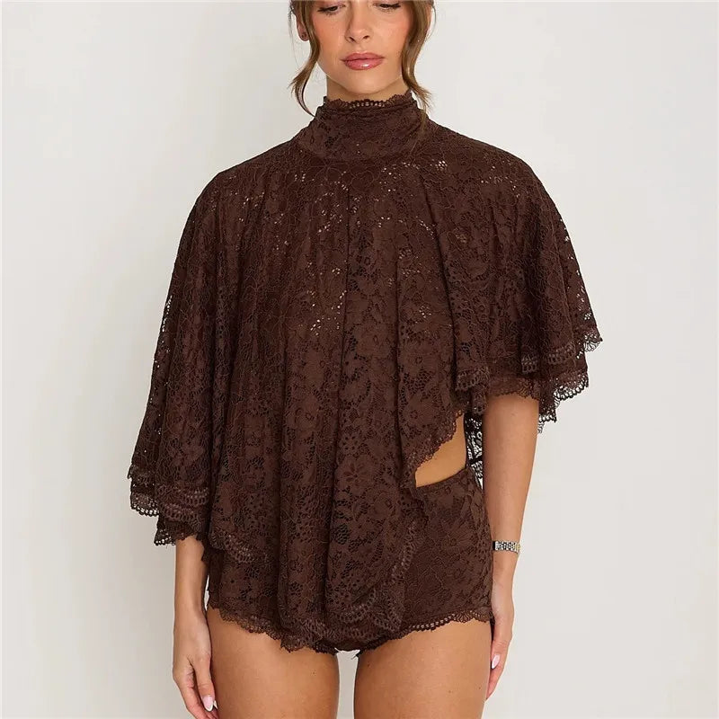 Women's Vintage Floral Lace High Neck Blouse Capelet Batwing Sleeve Open Back Bow Tie Backless Flowy Sheer Cropped Top