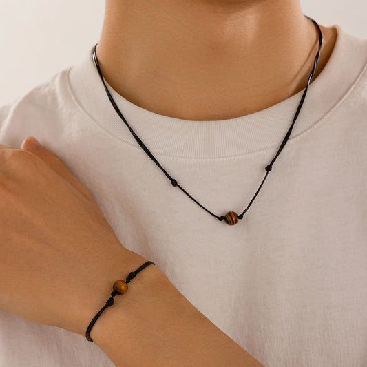 2Pcs Goth Simple Black Leather Wax Thread Chain Necklace Bracelet for African Men Stone Beads Choker Male Jewelry Set