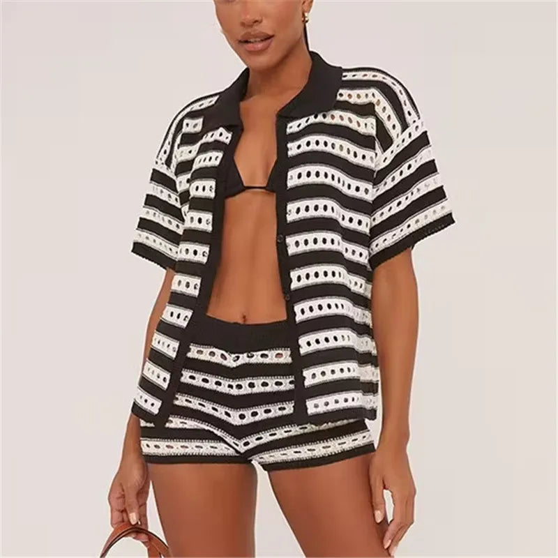 Women Striped Hollow Knit 2 Piece Set Short Sleeve Button Down Top High Waist Mini Shorts Matching Outfit Beach Cover Up