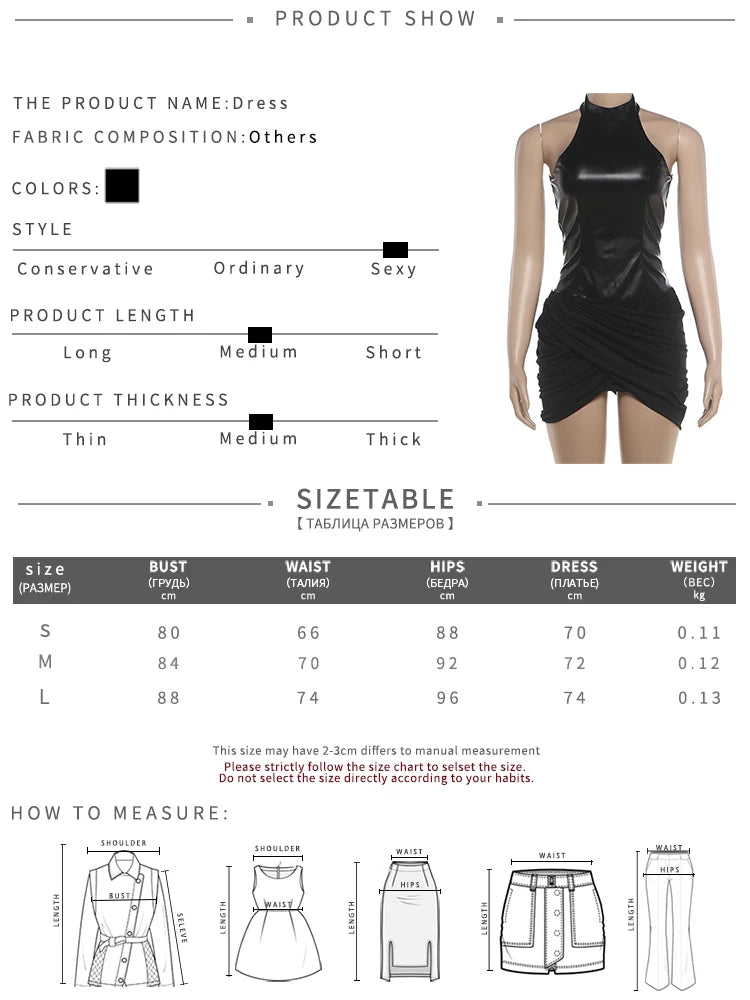 Off Shoulder Faux Leather Patchwork Mini Dress Woman Zip Turtleneck Skinny Folds Wrap Hip Street Wild Style Mini Bodycon