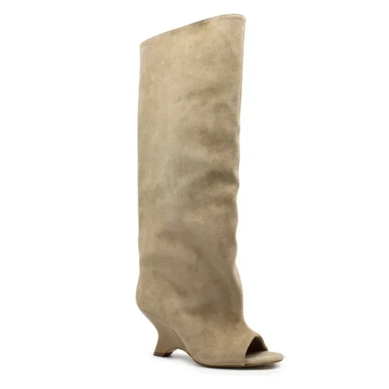 Women's Fish Mouth Thick High Heels Knee Length Cool Boots Slant Heel Fashion Show Large Size Spring/Summer Women's Boots