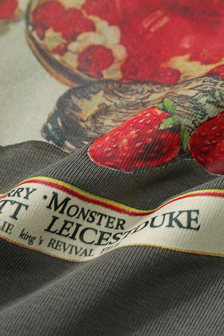Strawberry Dessert Print Crop T-Shirt, Ruched Waist Slim Fit Tee, Sweet Retro Casual Top for Women