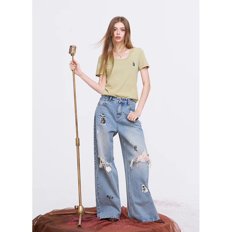 Solid Color Regular Shoulder U-Neck Versatile Slim Casual Crop Top T-Shirt for Women