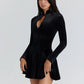 Hollow Out Long Sleeve Sexy Mini Dress Women Elegant Velvet Turtleneck High Waist A-line Club Party Dress Female