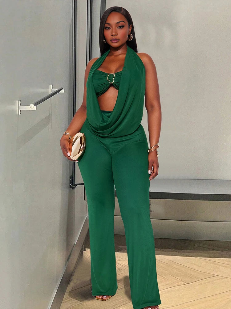 Backless Women Jumpsuit+Bra Tops Sexy Swing Collar Hollow Midnight Workout Clubwear Simple Stretch Skinny Overalls