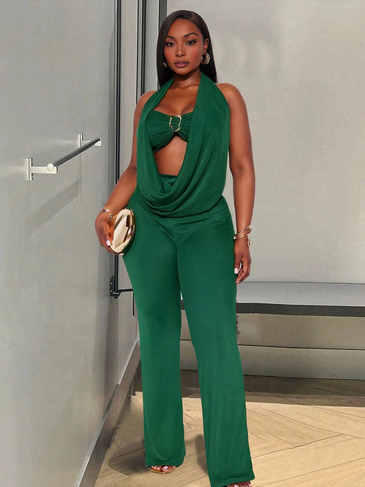 Backless Women Jumpsuit+Bra Tops Sexy Swing Collar Hollow Midnight Workout Clubwear Simple Stretch Skinny Overalls