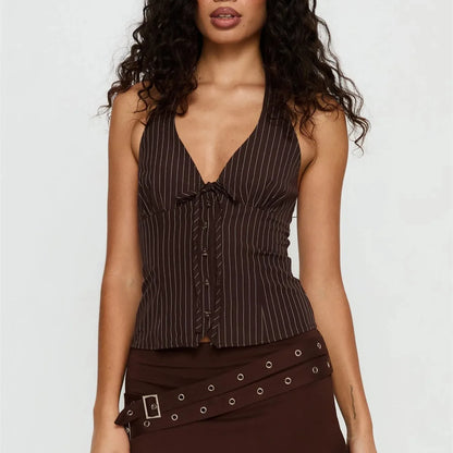 Retro Pinstripe Halter Neck Crop Top Women Deep V Tie Front Button Down Sleeveless Slim Fit Y2K Tank Vest Streetwear