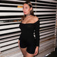 Square Neck Long Sleeve Backless Romper Playsuit Woman Catsuits Sexy Hot One Pieces Short Jumpsuit Black