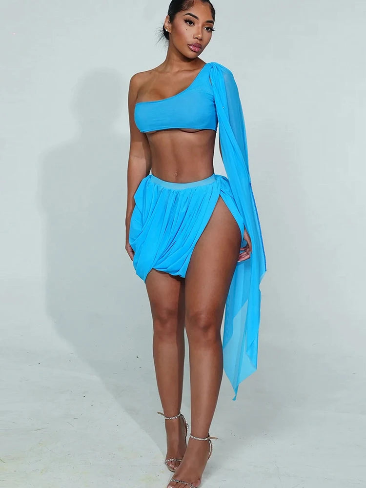 Y2K Sexy 2 Piece Set Women See Through Midnight Irregular Full Sleeve Crop Tops+Ruched Split Skirts Matching Clubwear