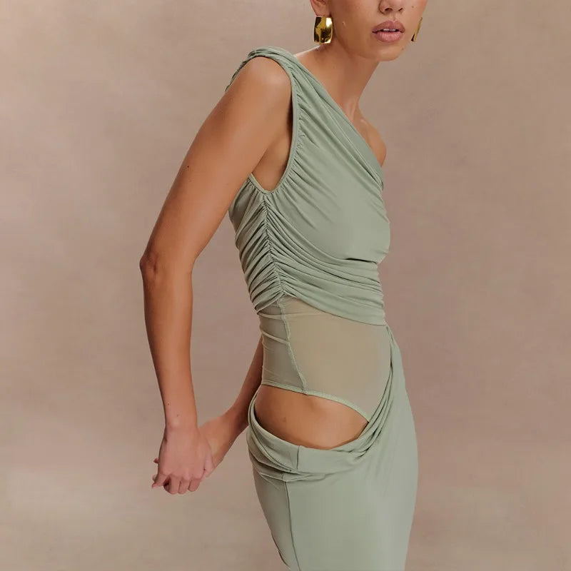 Mesh Spliced Cutout One Shoulder Split Long Dresses Green Black Elegant Party Dress Woman Clothing