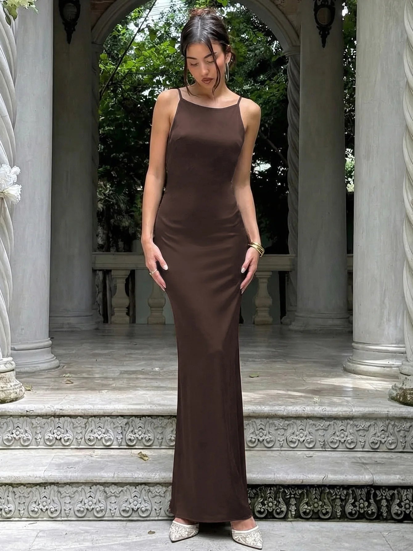 Sleeveless Backless Summer Maxi Dresses 2026 Woman Clothing Elegant Sexy Brown Party Dress