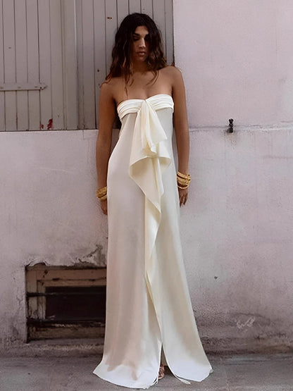 Elegant Satin Dress Women Sexy Ribbon Patchwork Ruched Split Hem Sleeveless Fashion Simple Evening Party Club Bodycon