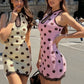 Hollow Stand-Up Collar Dress Women Polka Dot Print Patchwork Lace Sleeveless Skinny Street Summer Party Mini Bodycon