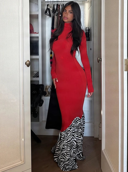 Leopard Patchwork Long Dress Woman Autumn Trend o-Neck Full Sleeve High Waist Skinny Peach Hip Elegant Style Vestidos