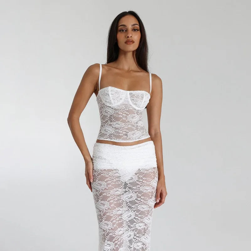 See Through Lace 2 Piece Set Crop Top Maxi Skirt White Classy Elegant Party Outfit Coord Sets Women Clothing