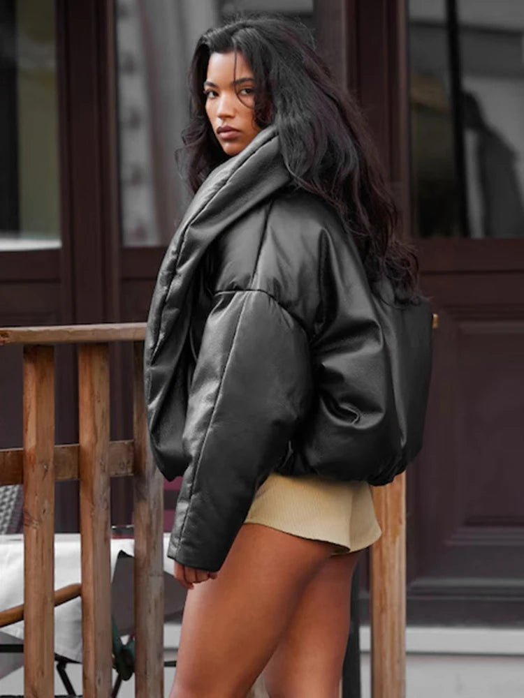 PU Waterproof Crop Puffer Jacket Women Winter Warm Leather Stand Collar Quilted Parkas Full Sleeve Streetwear Coat