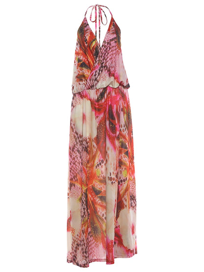 Summer Chic Flower Print Sling Dress Woman Lace-Up Halter Backless High Splits Hem Vacation Beach Party Elegant Vestidos