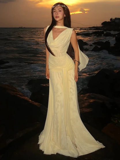 Bandage Tassel Dress Women Y2K Simple Swing Collar Sleeveless Irregular Hem Beach Party Elegant Banquet Chic Vestidos