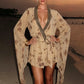 Sequins Patchwork Dress Woman Autumn Trend Floral Print Low-Neck Batwing Sleeve Street Ruched Elegant Mini Bodycon
