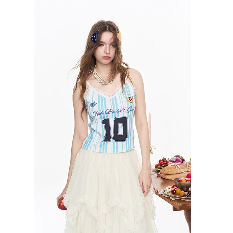 Women's Jersey Style Cami Top, Number & Letter Print Lace Trim Camisole, Y2K Coquette Sweet Sporty Sleeveless Top