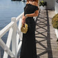 2 Pieces Set for Woman Vacation Outfits Satin Mesh Patchwork Long Skirt and Off Shoulder Backless Crop Top