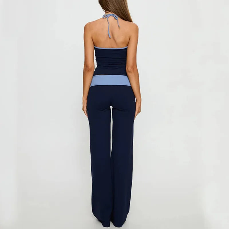 Women Two Piece Outfits Summer Scoop Neck Sleeveless Contrast Color Slim Fit Halter Tops with High Waisted Pants Set