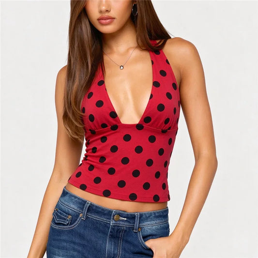 Women Polka Dot Halter Top Deep V Neck Sleeveless Backless Slim Fit Cropped Tank Top Vintage Y2K Summer Party Camisole