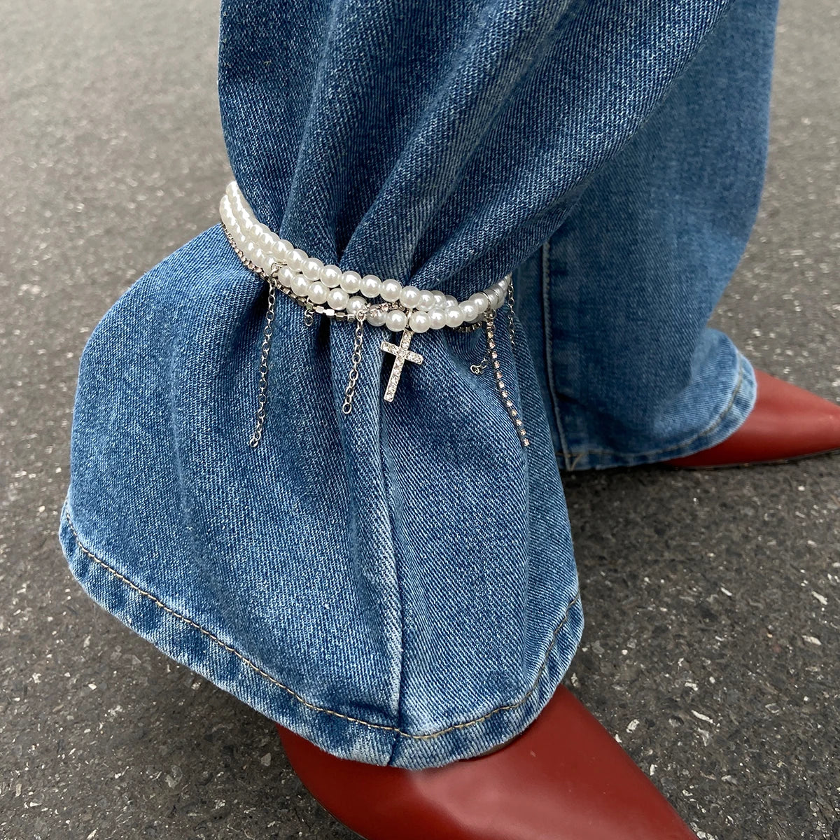 Unique Cross Rhinestone Tassels Pendant Anklet Women Elegant Multilayer Imitation Pearl Foot Chain Summer Charm Jewelry