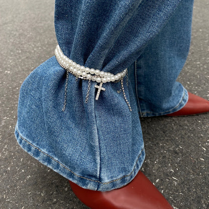 Unique Cross Rhinestone Tassels Pendant Anklet Women Elegant Multilayer Imitation Pearl Foot Chain Summer Charm Jewelry