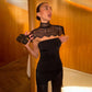 Little Black Dress with Lace Shawl High Quality Short Sleeve Backless Mini Dresses for Woman Club Outfits