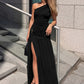 Women One Shoulder Ruched Sexy Maxi Dress Elegant Sleeveless Backless Metal Buckle Waist Draped Club Party Long Dress