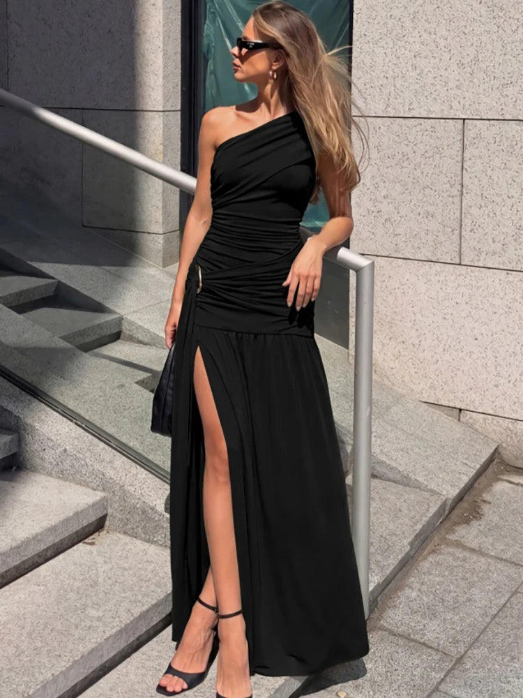 Women One Shoulder Ruched Sexy Maxi Dress Elegant Sleeveless Backless Metal Buckle Waist Draped Club Party Long Dress