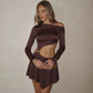 Sexy Hollow Mini Dress Women Skew Collar Off Shoulder Full Sleeve Rings Patchwork Waistless Ruched Elegant Outfits