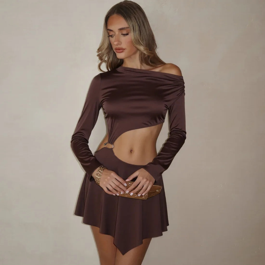 Sexy Hollow Mini Dress Women Skew Collar Off Shoulder Full Sleeve Rings Patchwork Waistless Ruched Elegant Outfits