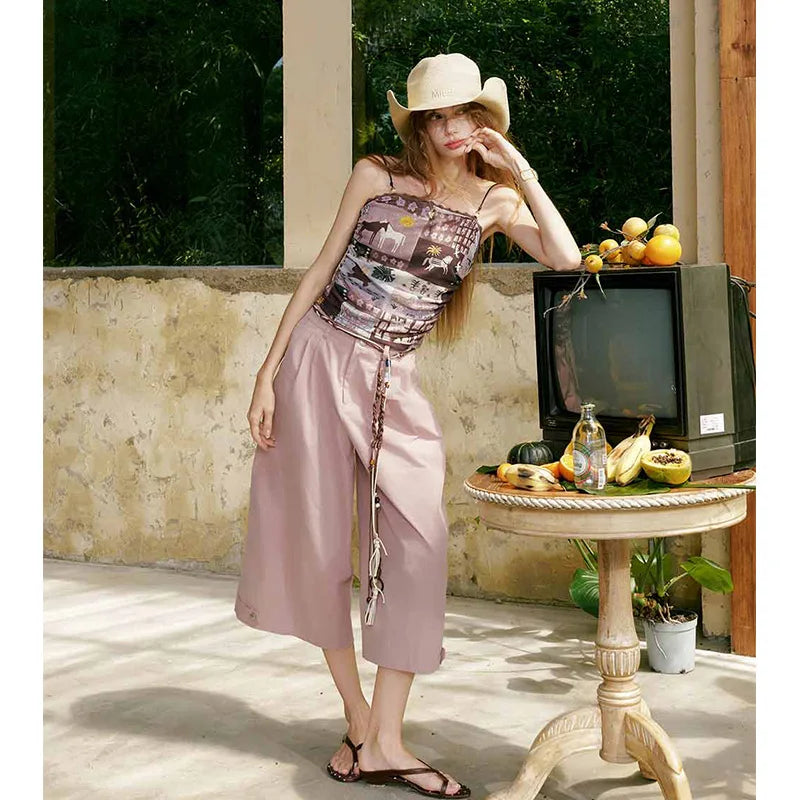 Women's Cropped Cami Top with Horse Patchwork Mural Print, Spaghetti Strap Fitted Tank for Summer
