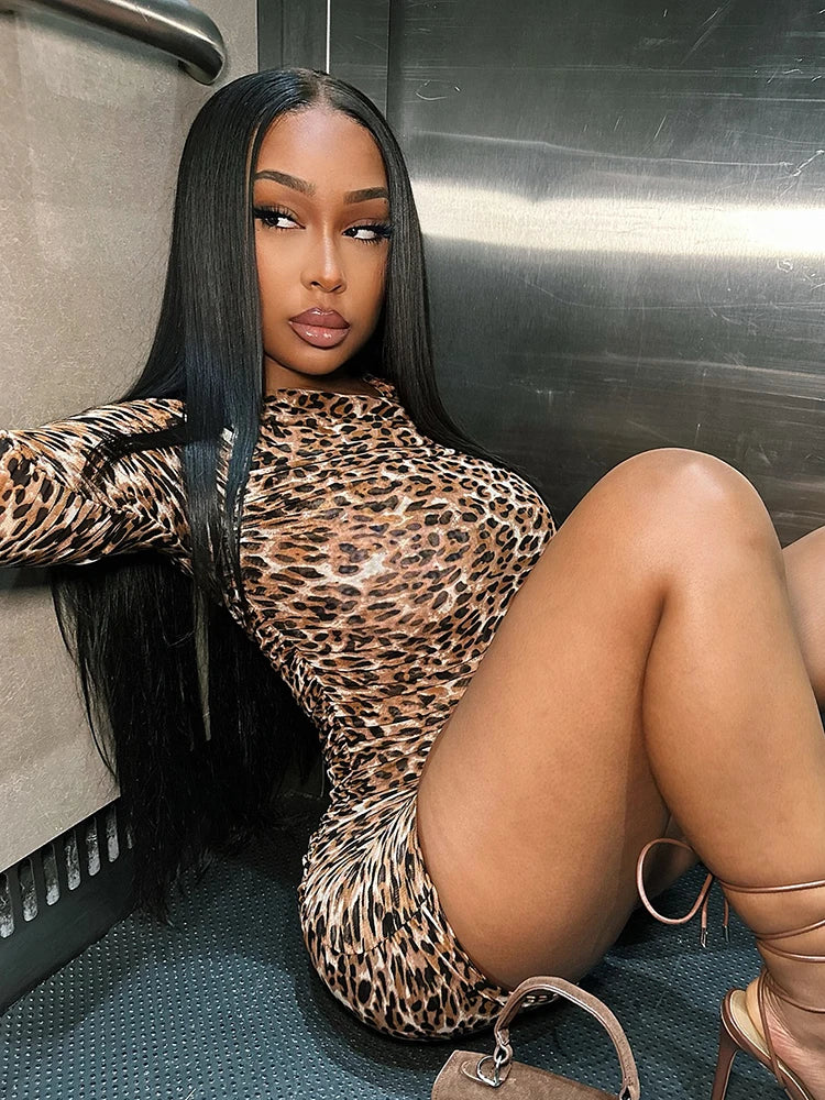 Leopard Print Romper Women Slash Neck Ruched Full Sleeve Elastic Workout Activewear Midnight Trend Club Playsuits