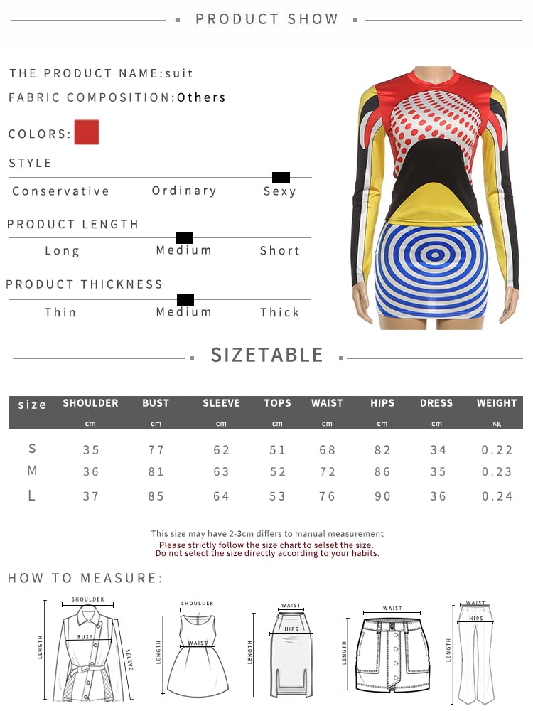 Fashion 2-Piece Set Women Colorful Art Half Turtleneck Full Sleeve Crop Top+Thread Print Simple Skirt Slim Party Suit