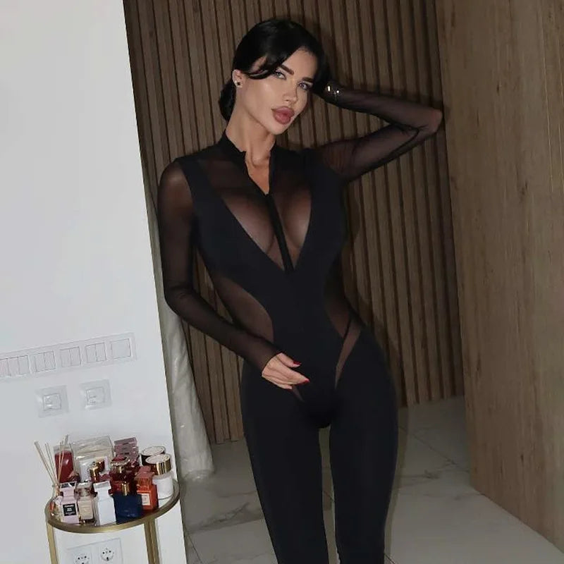 Mesh Splicing See Through Black Long Sleeve Bodycon Jumpsuits for Woman Sexy Club Wear Fall Clothes