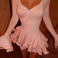 Flare Sleeve Ruffle Sexy Mini Dress Women Robe Irregular Single-breasted V Neck High Waist Slim A-line Club Dress
