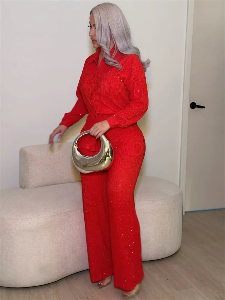 Rhinestone Decoration 2-Piece Set Women Single-Breasted Lapel Full Sleeve Shirt+Elastic Waist Pant Leisure Suits